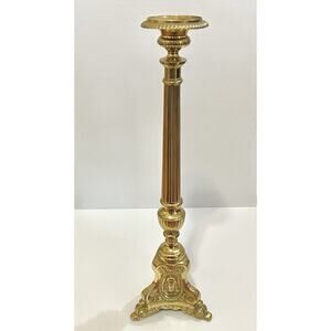 Brass Altar Candlestick French Baroque 24” Gothic Vintage Holy Family Cameo